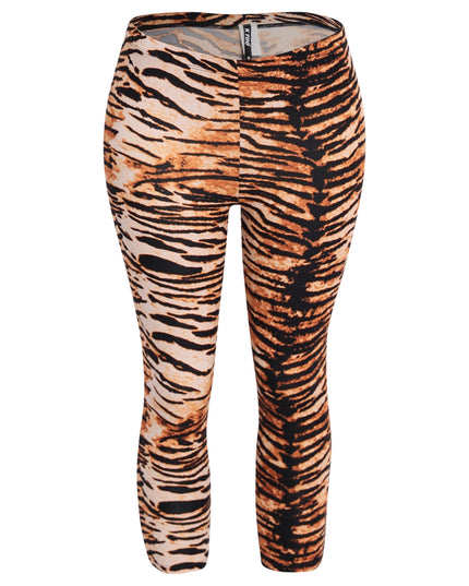 Bold tiger print leggings in multi orange and black stretch fabric with mid-rise waist