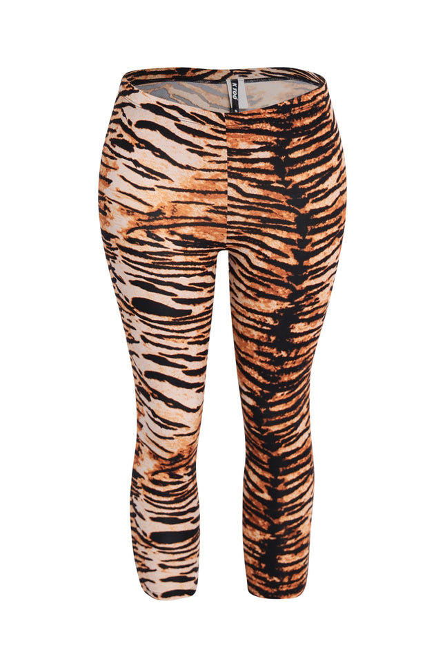 Bold tiger print leggings in multi orange and black stretch fabric with mid-rise waist