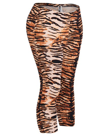 Animal print mid-rise leggings with elastic waistband and fierce tiger stripe design

