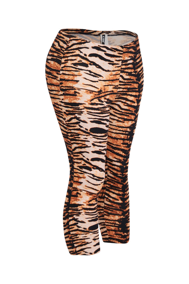 Animal print mid-rise leggings with elastic waistband and fierce tiger stripe design

