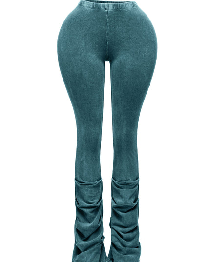 Front view of teal ruched flare leggings with high-waisted fit and washed vintage effect.