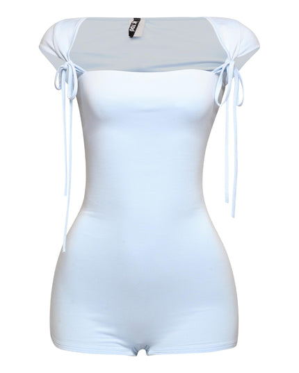 Soft blue square neck romper with snug bodycon fit and lightweight stretch finish

