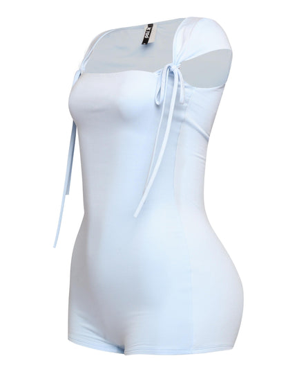 Back angle of baby blue romper with square neckline and form-hugging mini cut

