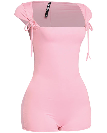 Feminine blush pink romper with curve-skimming shape and flirty square neckline

