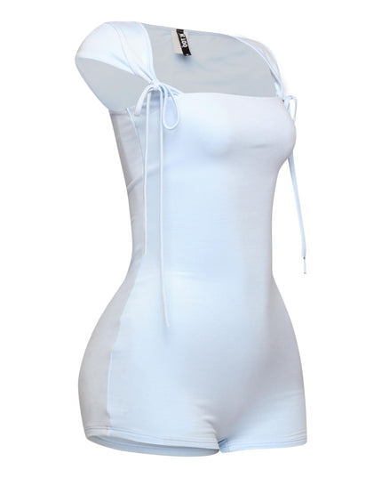 Light blue one-piece with curved fit and shoulder bow ties styled in dreamy palette


