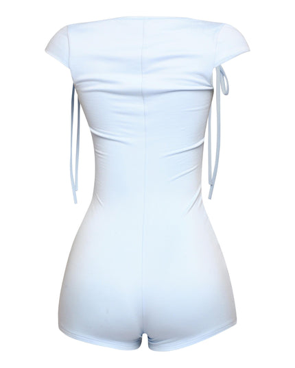 Powder blue fitted romper featuring square neckline and dainty tied shoulders

