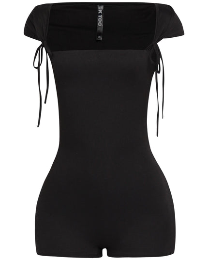 Black cap sleeve romper with tie straps and curve-hugging fit in glossy stretch fabric

