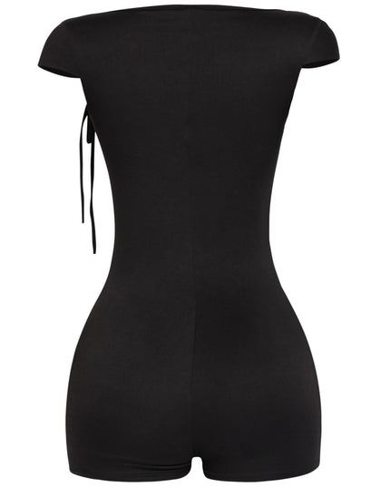 Sleek black romper with square neckline and ruched tie shoulders in summer-ready bodycon cut

