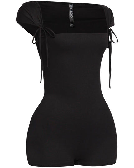 Fitted black one-piece romper featuring side view of tight silhouette and tied cap sleeves

