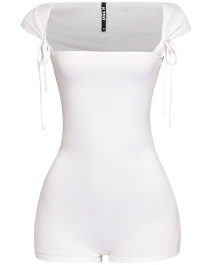 White cap sleeve romper with wide neckline and dainty shoulder tie details in bodycon fit

