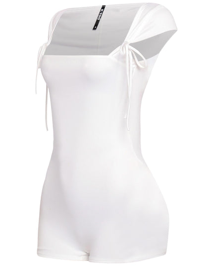 Side profile of white fitted romper with clean design and tied straps at shoulders

