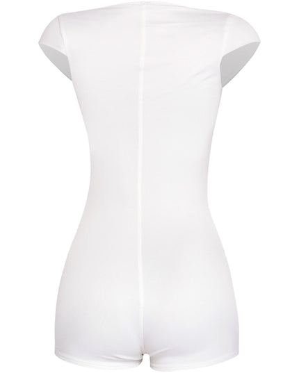 Back view of white square neck romper with seamless hem and soft stretch finish

