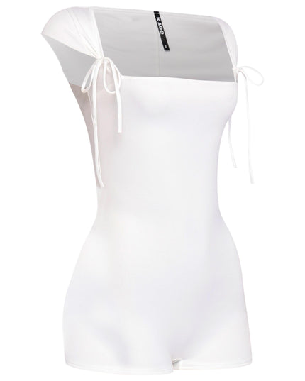 Chic white romper featuring curve-hugging fit, squared neckline, and soft cap sleeves



