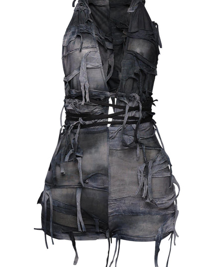 Grunge charcoal hooded romper with distressed tie details and open back

