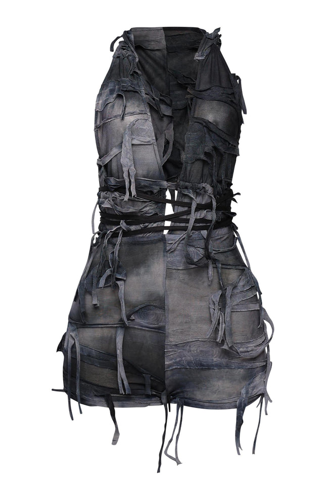 Grunge charcoal hooded romper with distressed tie details and open back

