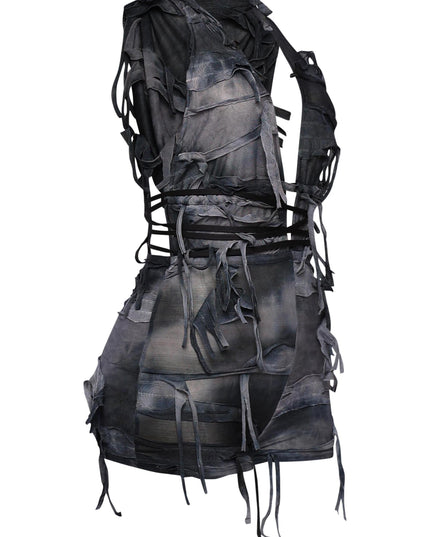 Washed black sleeveless mesh romper with frayed trim and hooded design

