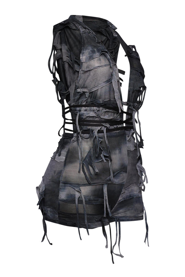 Washed black sleeveless mesh romper with frayed trim and hooded design


