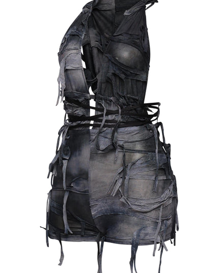 Black mesh romper with grunge-inspired shredded accents and backless style

