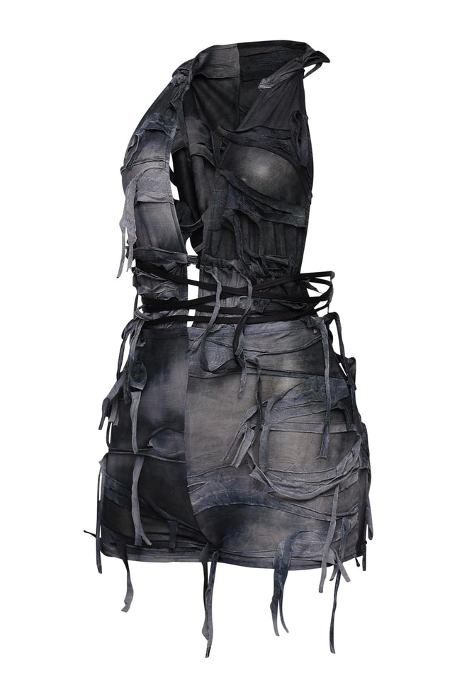 Black mesh romper with grunge-inspired shredded accents and backless style

