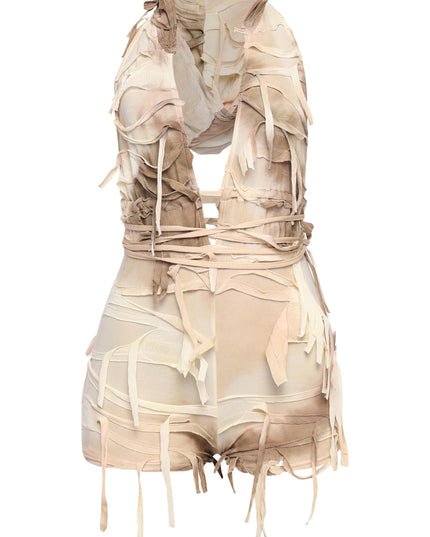 Ivory distressed mesh romper with hood and raw ribbon details

