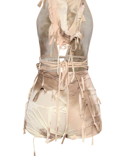Off-white mesh hooded romper with cutout waist and wrapped ties

