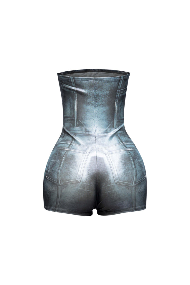 Foiled tube romper with denim bodyprint - Muvin 