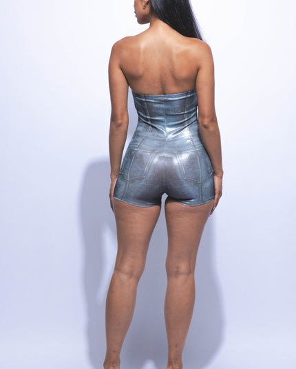 Foiled tube romper with denim bodyprint - Muvin 