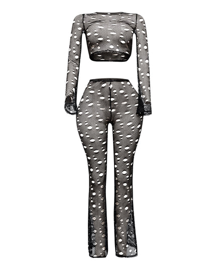 Hole fishnet crop top & pants set - Muvin 