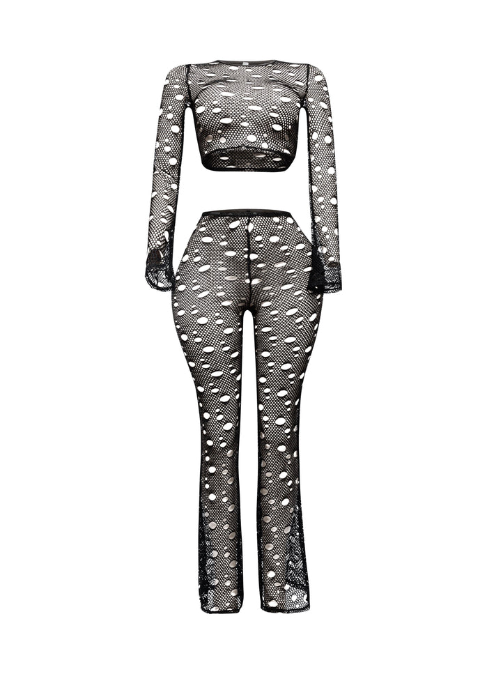 Hole fishnet crop top & pants set - Muvin 