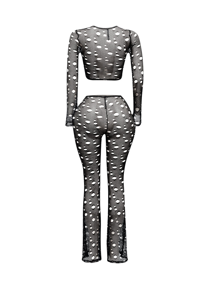 Hole fishnet crop top & pants set - Muvin 