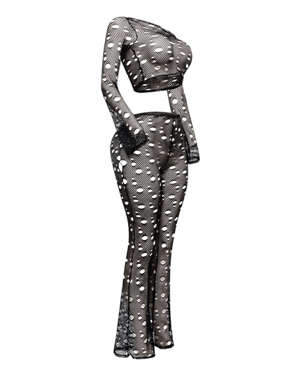 Hole fishnet crop top & pants set - Muvin 