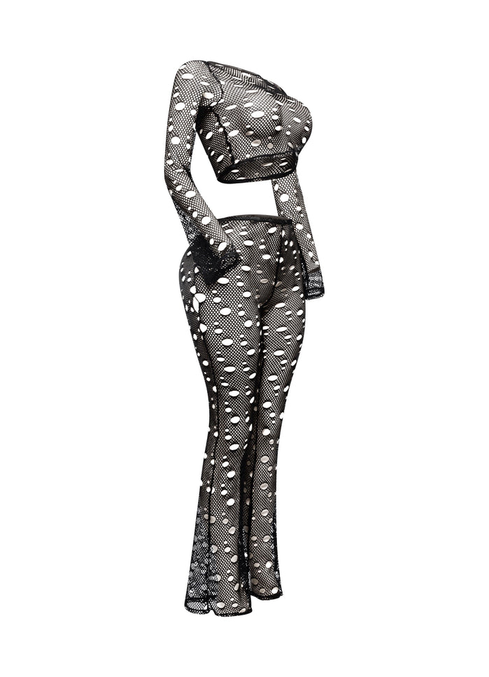 Hole fishnet crop top & pants set - Muvin 