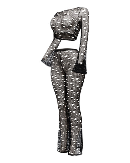 Hole fishnet crop top & pants set - Muvin 