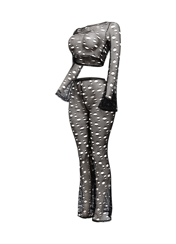 Hole fishnet crop top & pants set - Muvin 
