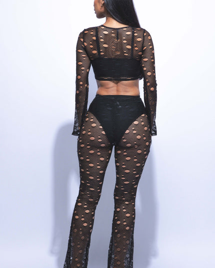 Hole fishnet crop top & pants set - Muvin 