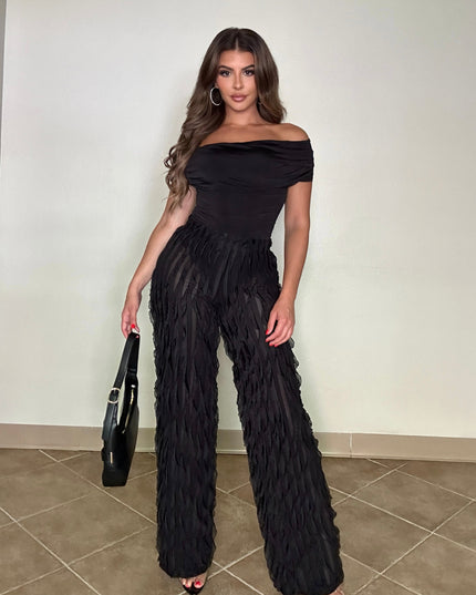 Off shoulder bodysuit set with wide leg ruffle pants - Muvin 