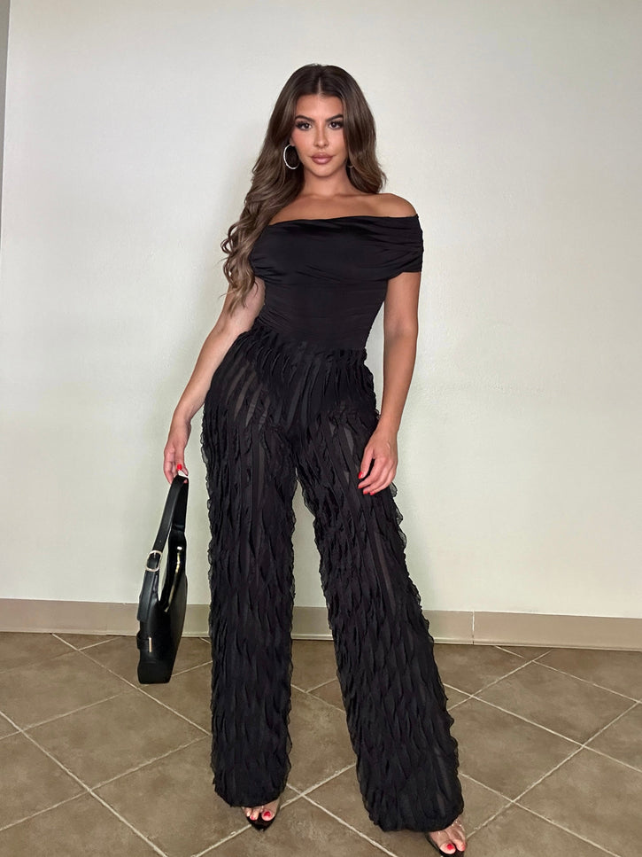 Off shoulder bodysuit set with wide leg ruffle pants - Muvin 