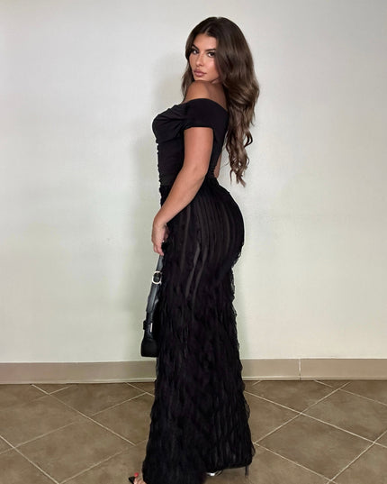 Off shoulder bodysuit set with wide leg ruffle pants - Muvin 