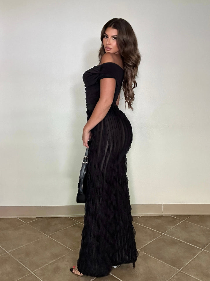 Off shoulder bodysuit set with wide leg ruffle pants - Muvin 