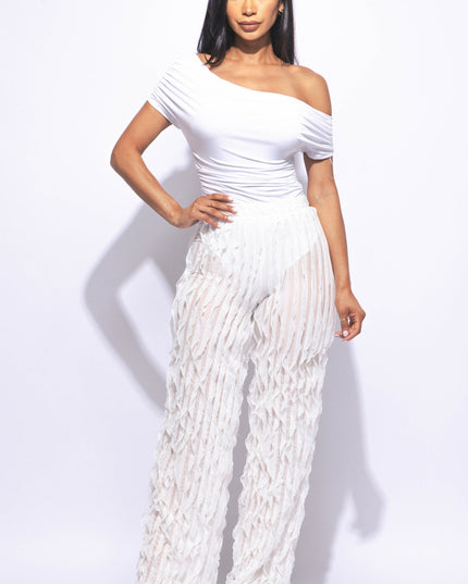 Off shoulder bodysuit set with wide leg ruffle pants - Muvin 