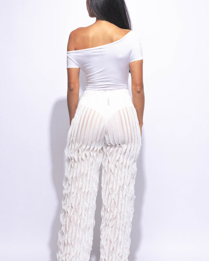 Off shoulder bodysuit set with wide leg ruffle pants - Muvin 