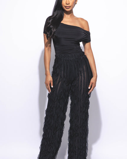 Off shoulder bodysuit set with wide leg ruffle pants - Muvin 