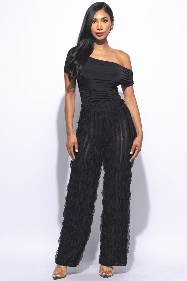 Off shoulder bodysuit set with wide leg ruffle pants - Muvin 