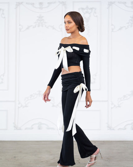 Off shoulder ribbon trim detailed top & pants set - Muvin 