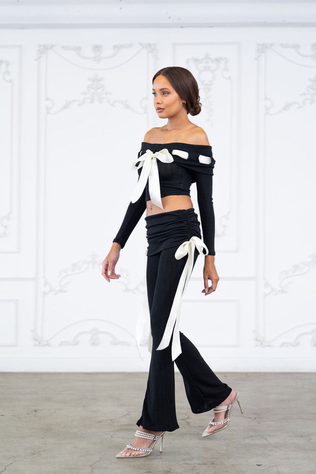 Off shoulder ribbon trim detailed top & pants set - Muvin 