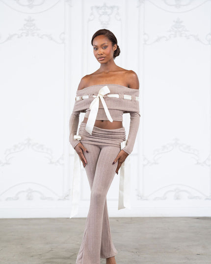 Off shoulder ribbon trim detailed top & pants set - Muvin 