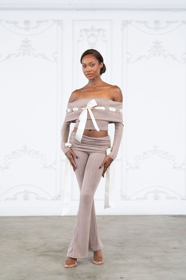 Off shoulder ribbon trim detailed top & pants set - Muvin 