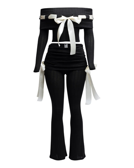 Off shoulder ribbon trim detailed top & pants set - Muvin 