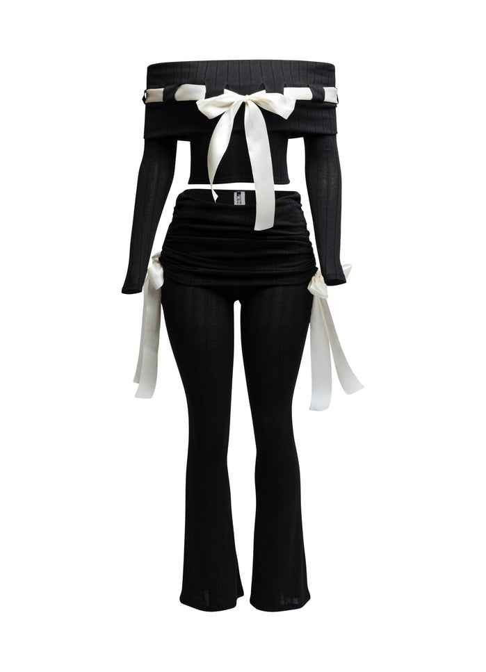 Off shoulder ribbon trim detailed top & pants set - Muvin 