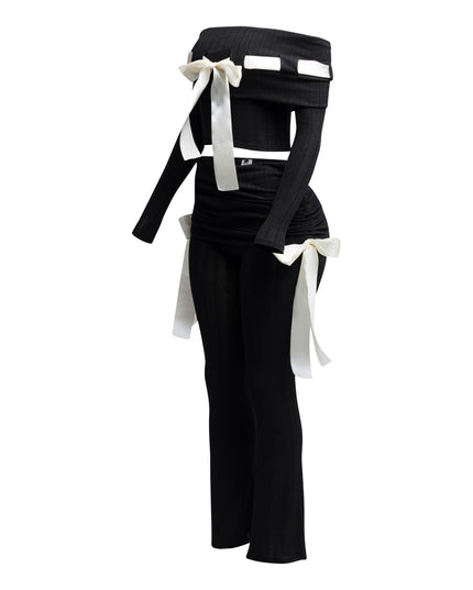 Off shoulder ribbon trim detailed top & pants set - Muvin 
